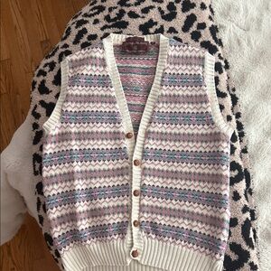 Ralph Lauren Cream and Pink Patterned V-Neck Sweater Vest